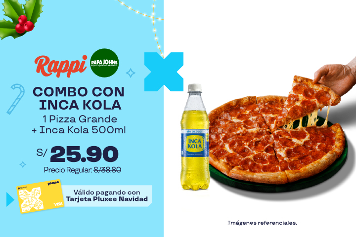 COMBO CON INCA KOLA: 33%OFF EN 1 PIZZA GRANDE + INCA KOLA 500ML A S/.25.90. PRECIO REGULAR: S/.38.80